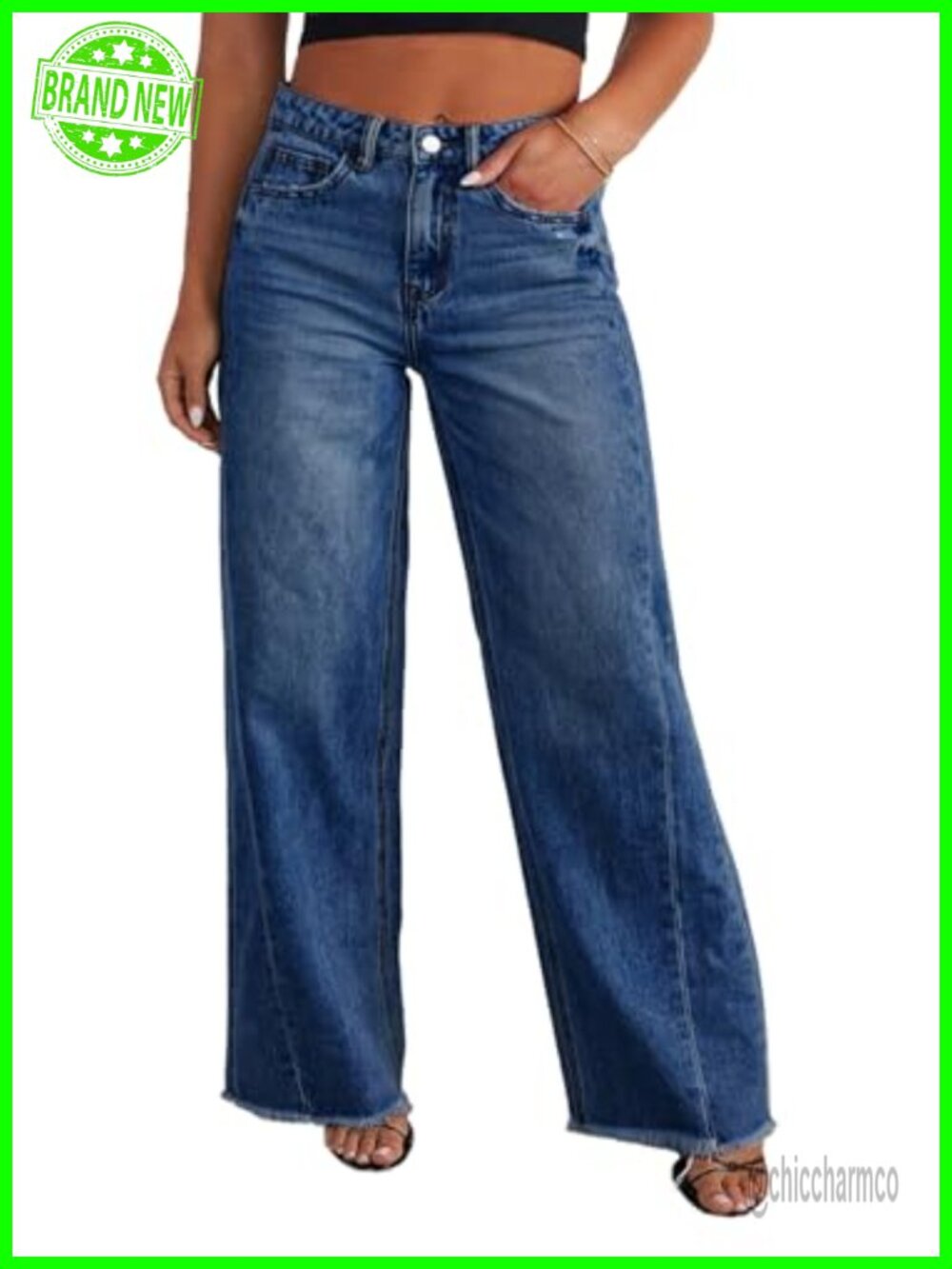 Plus Size Wide Leg Jeans High Waist Raw Hem Denim Pants